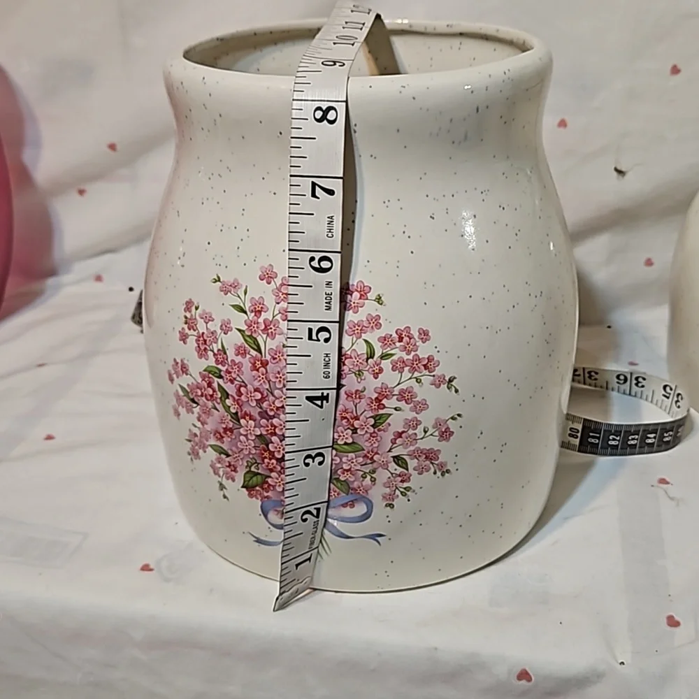 Vintage Speckled Ceramic Blush Pink Flower Blue Ribbon Large Canister Jar w/Lid